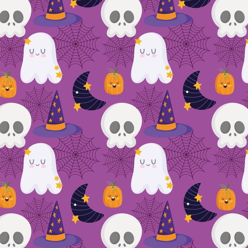 Halloween skull, pumpkin, hat, moon, ghost pattern vector