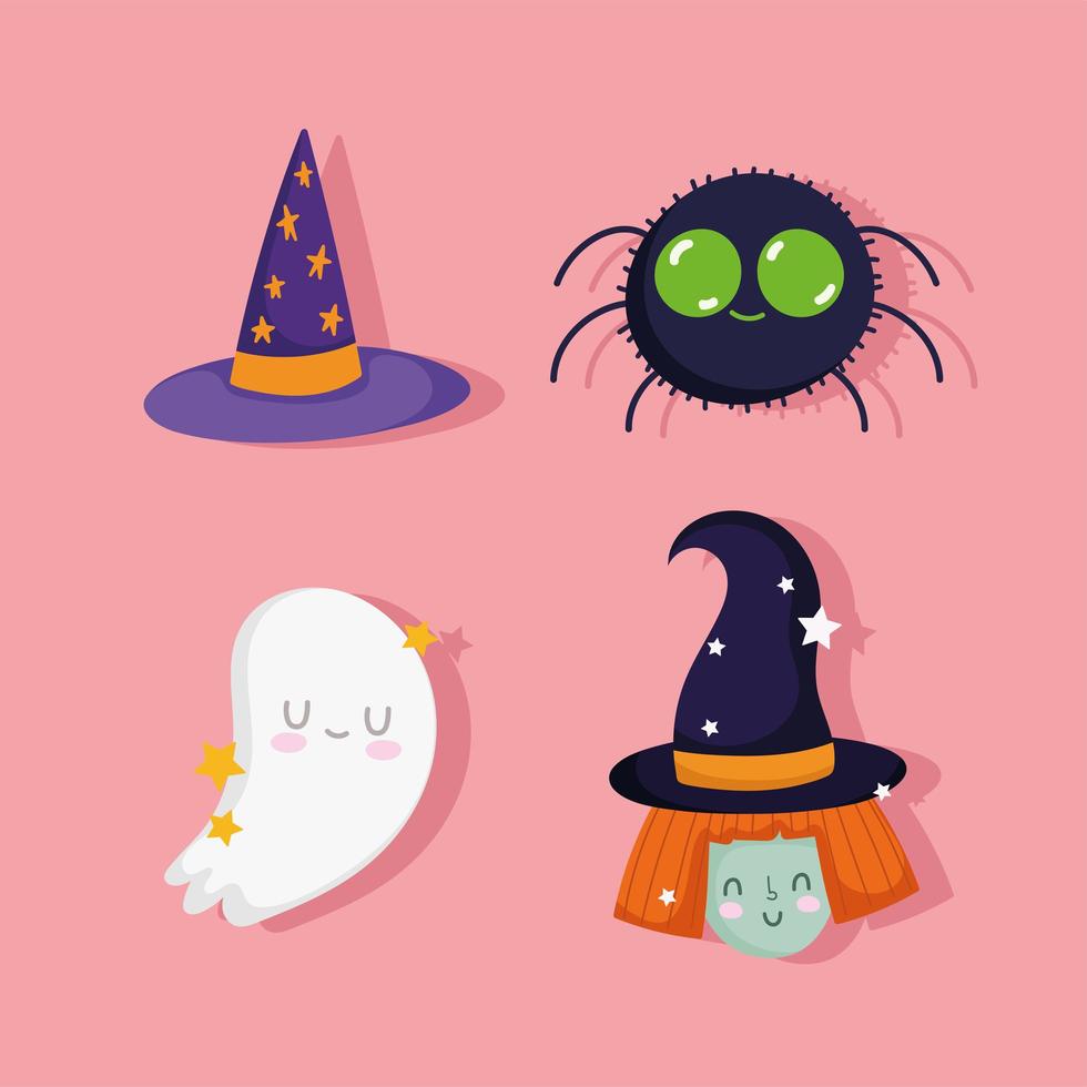 halloween lindo fantasma, araña, bruja, sombrero, iconos vector