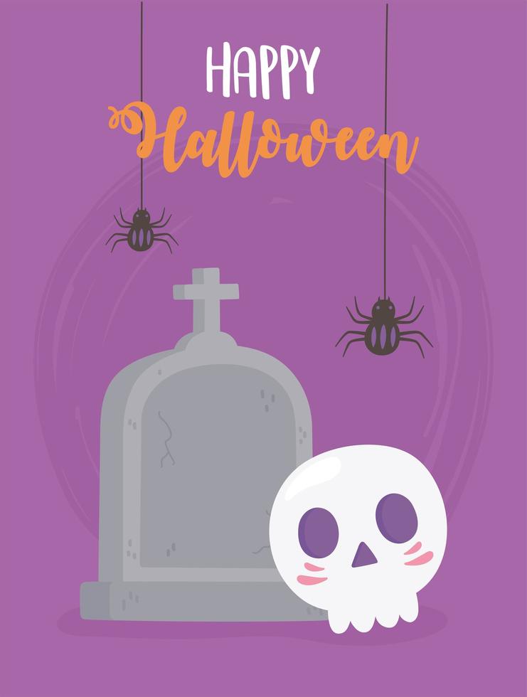 Happy Halloween hanging spiders, skull and tombstone card vector