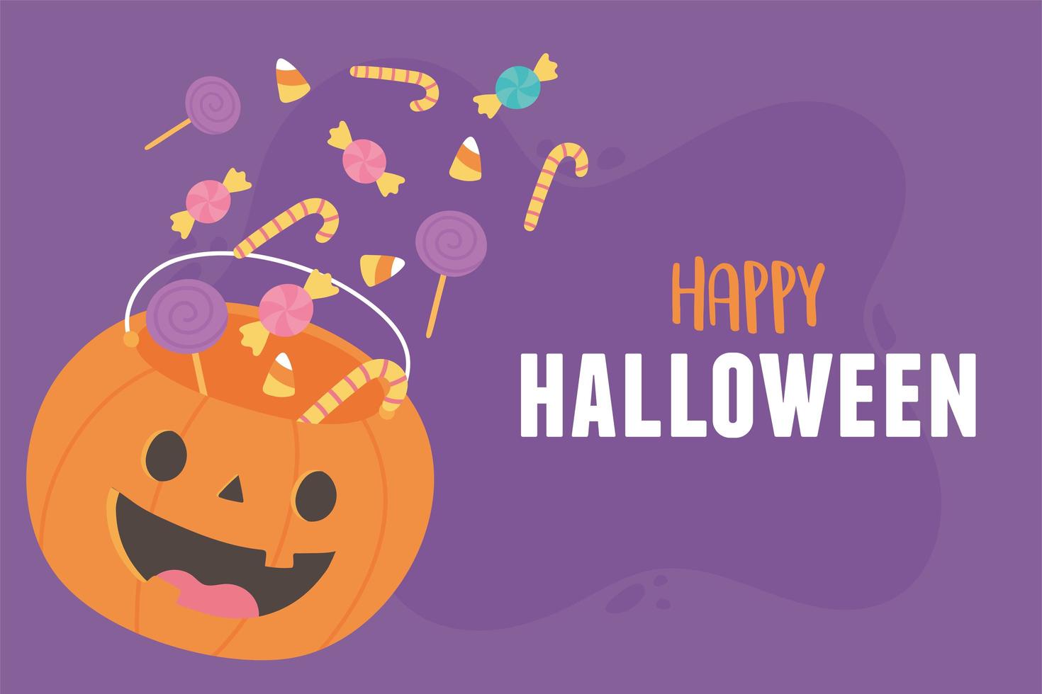 Happy Halloween pumpkin shaped bucket with many candies vector