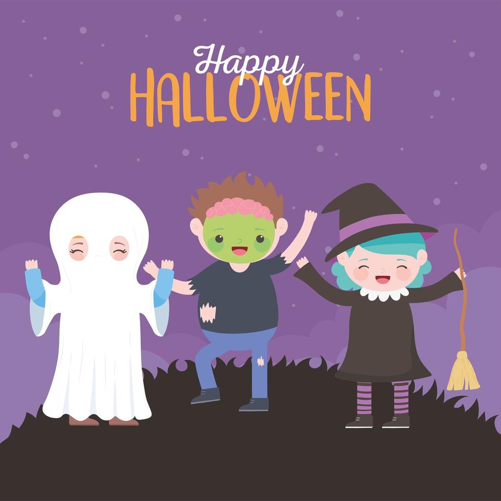 Happy Halloween, card with kids in costumer vector