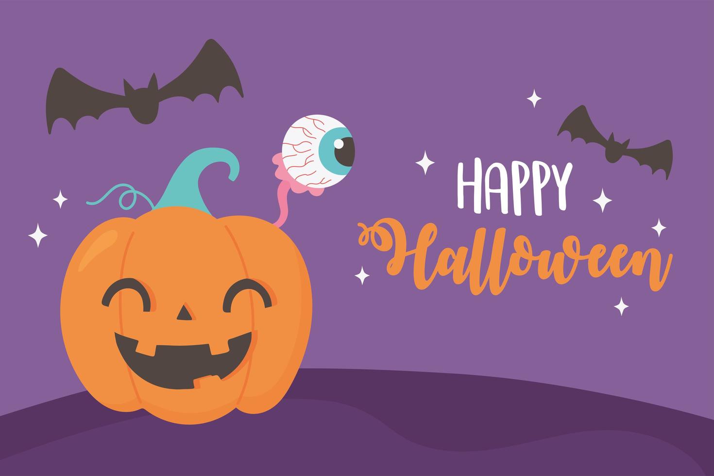 Happy Halloween funny pumpkin, spooky eye and bats card vector