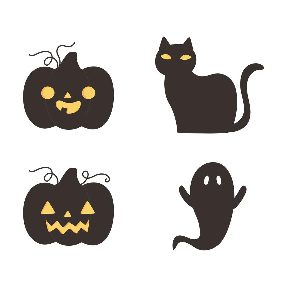 Calabazas de Halloween, iconos de silueta de gato y fantasma vector