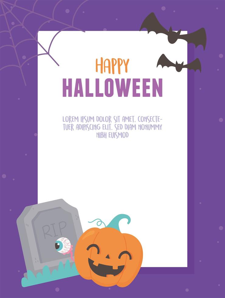 Halloween template with tombstone, pumpkin and spooky eye vector