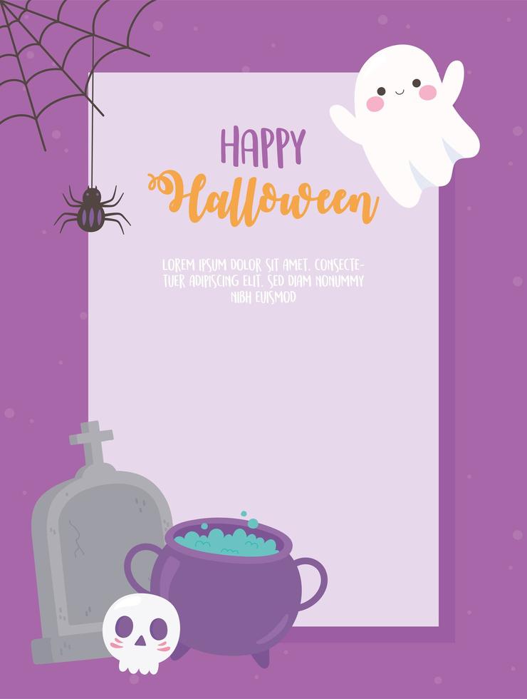 plantilla de feliz halloween con caldero, lápida y fantasma vector