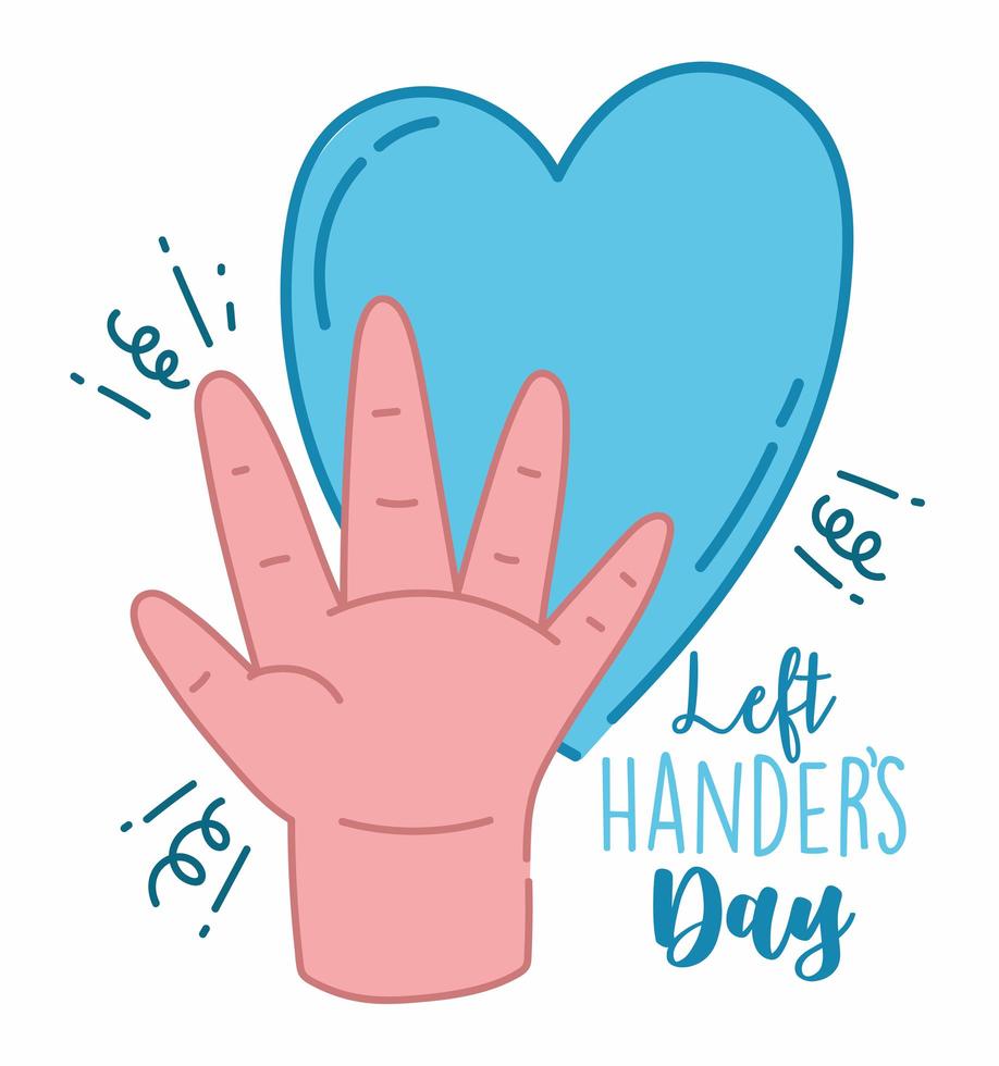 Left handers day, open hand and blue heart vector