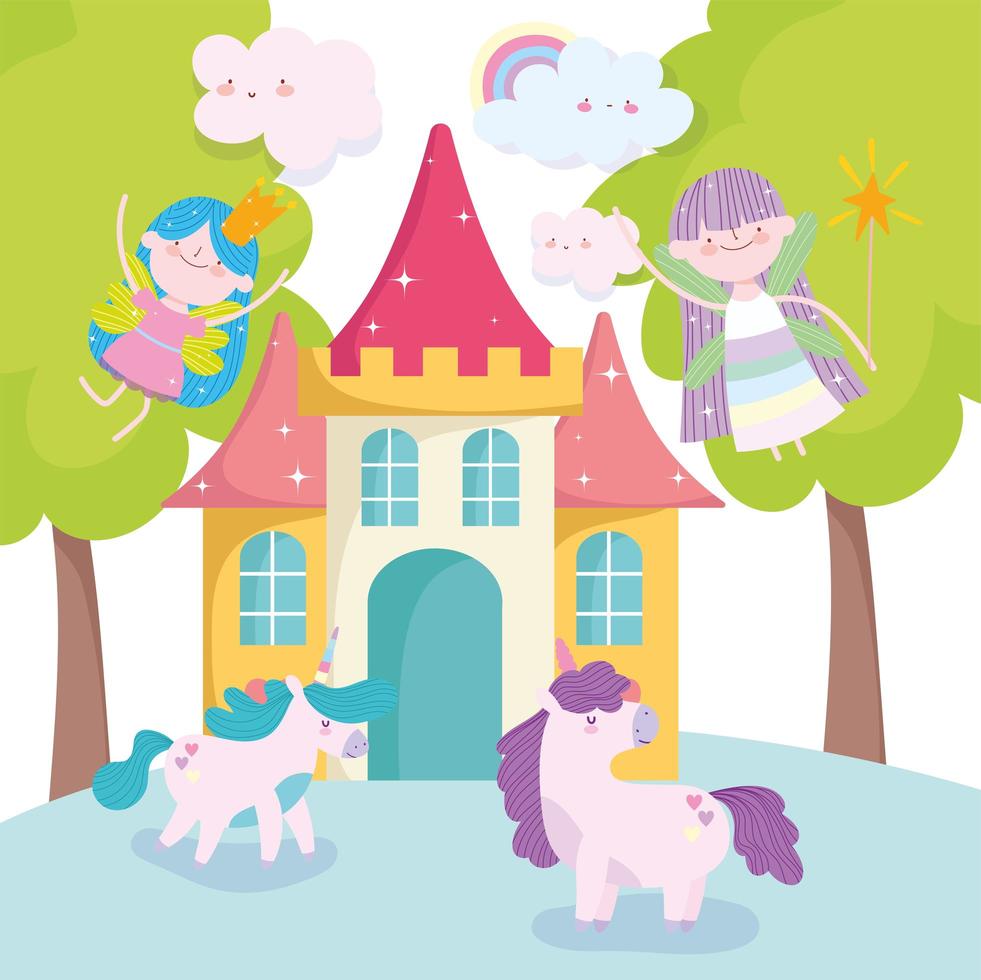 Little fairies with cartoon unicorns and castle  vector