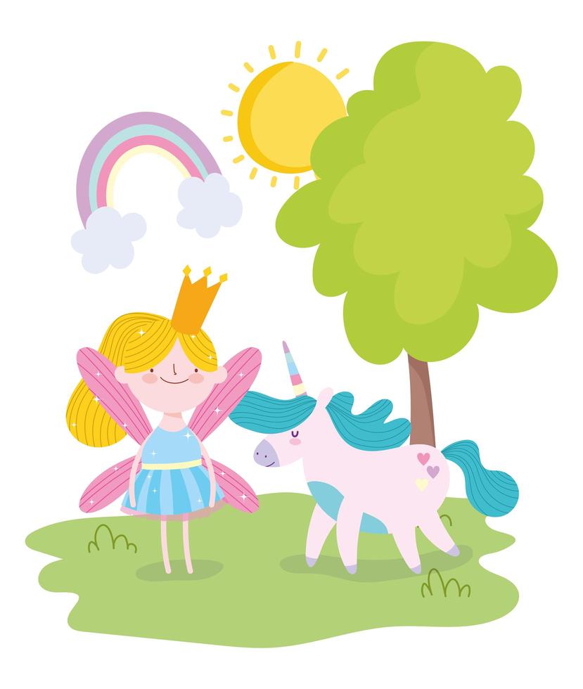 pequeña princesa de hadas con unicornio al aire libre vector