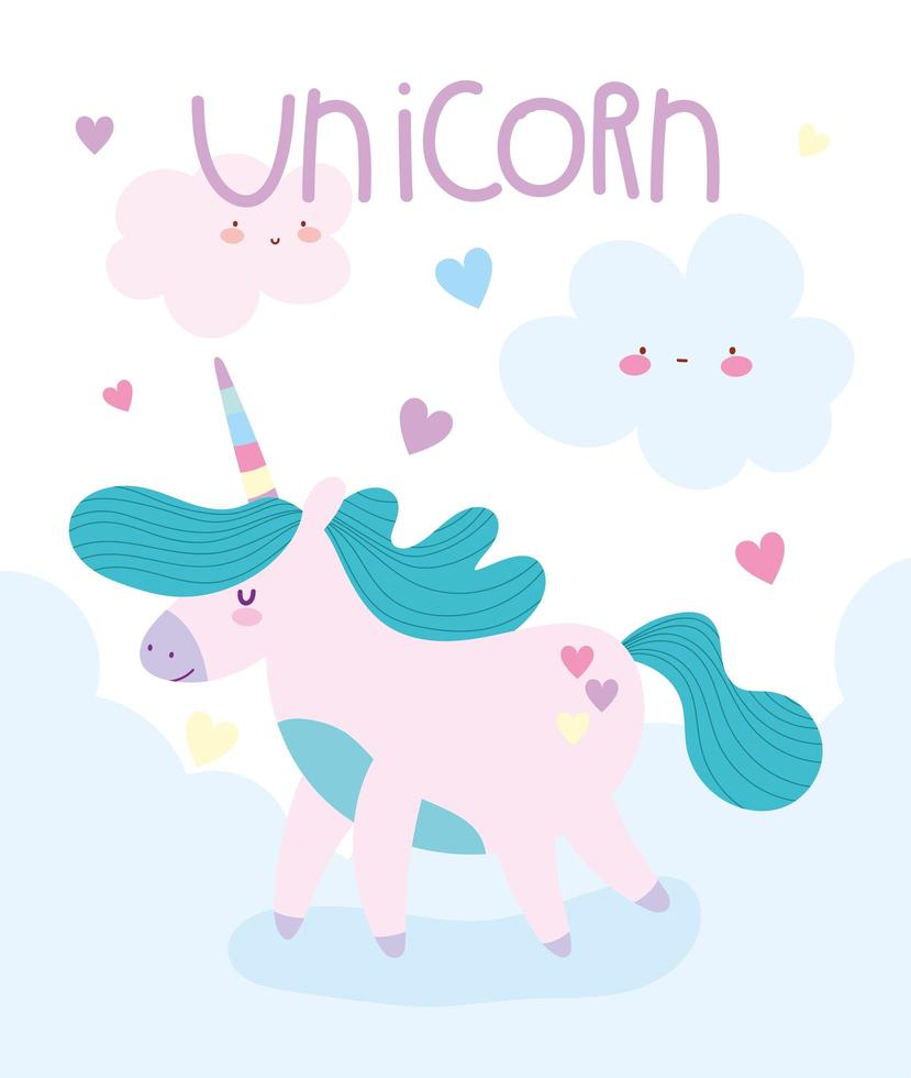 Cartoon unicorn with clouds and hearts vector