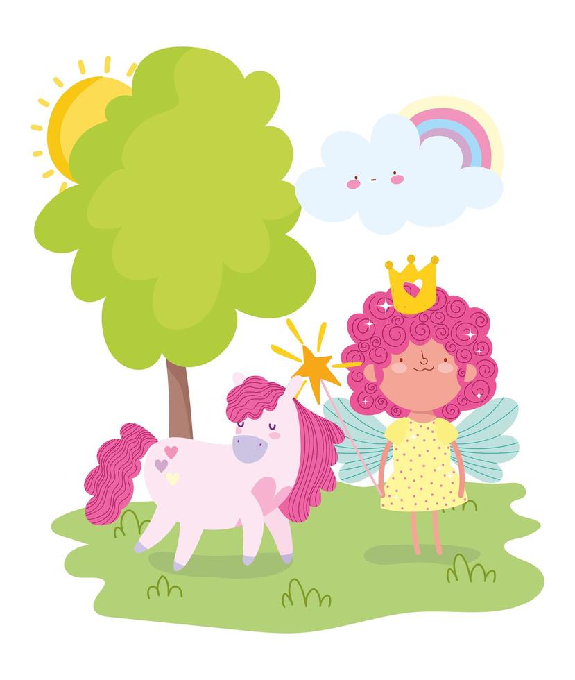 pequeña princesa de hadas con varita mágica y unicornio vector