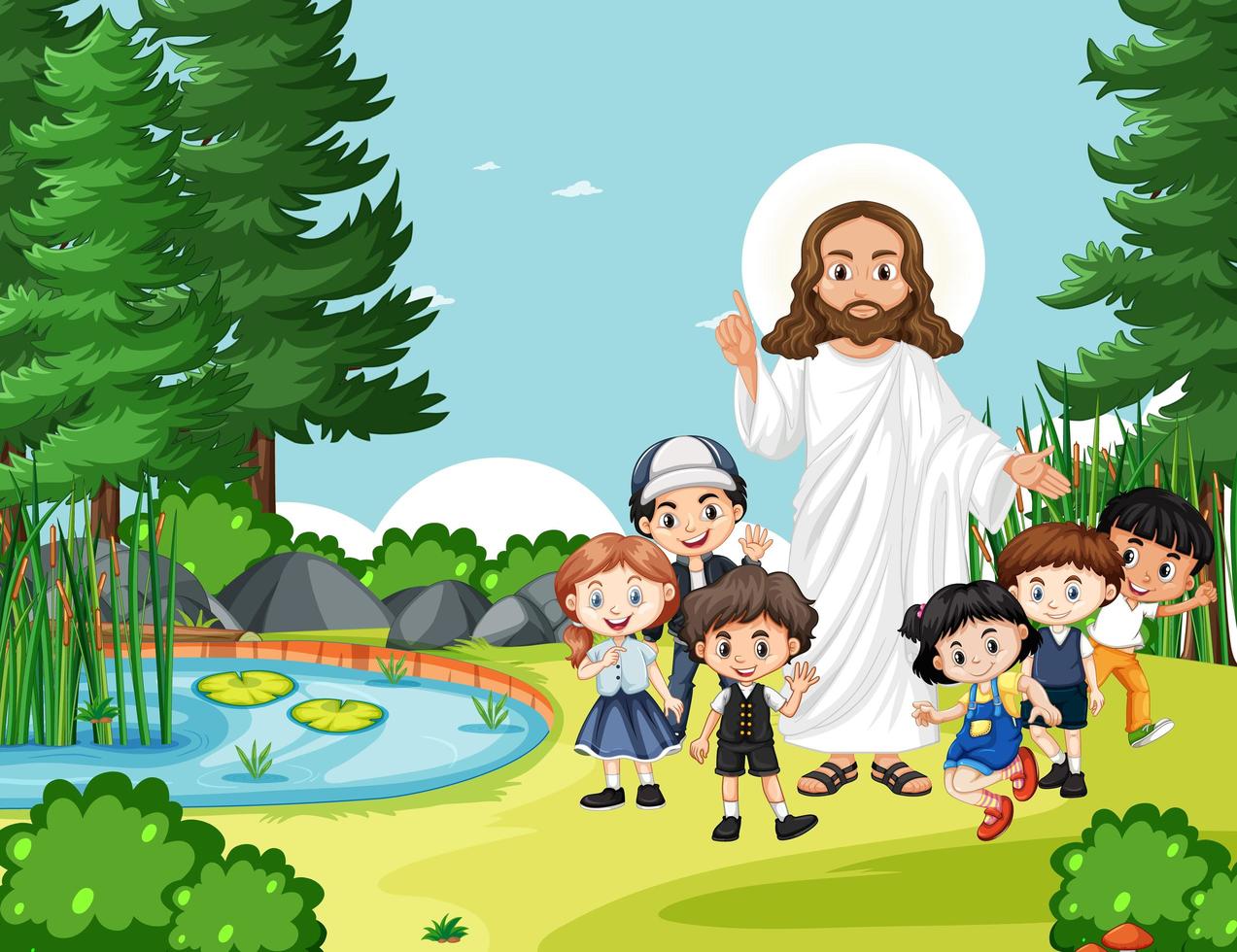 jesús con niños en la escena del parque vector