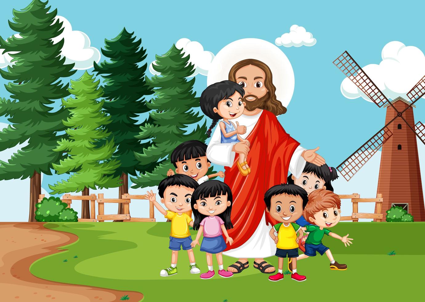 jesús con niños en la escena del parque vector