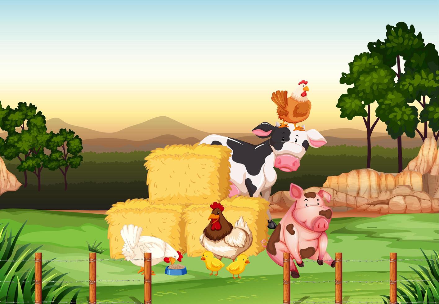 escena de la granja con animales en la granja. vector