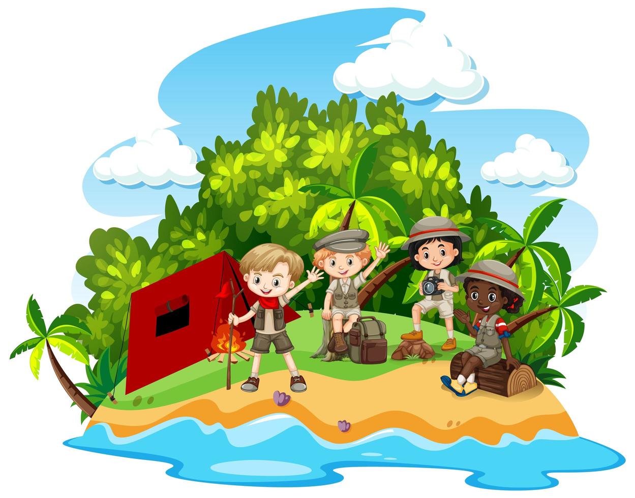 Group of children camping isolated vector