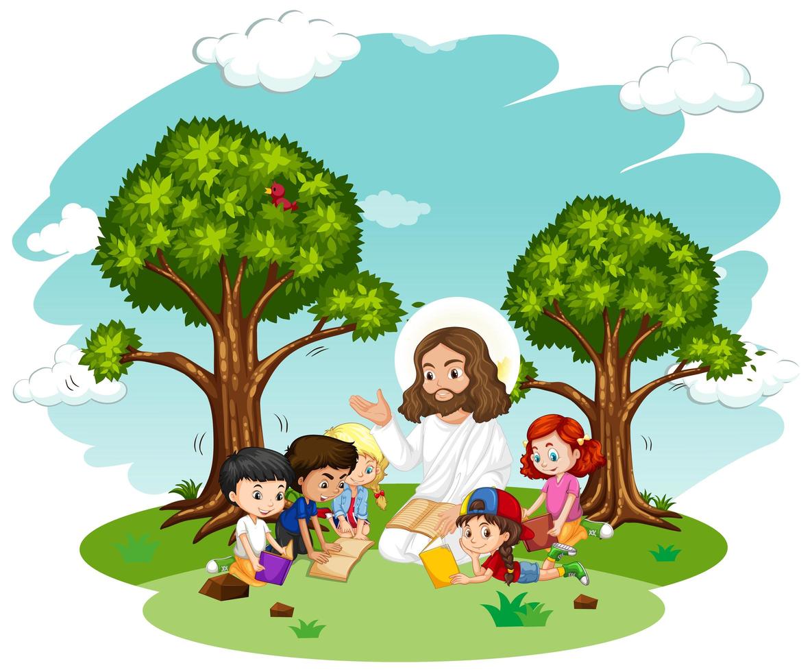 jesús predicando a un grupo de niños personaje de dibujos animados vector