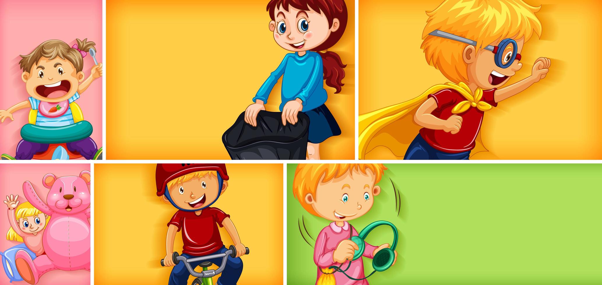 Diferentes personajes infantiles en diferentes colores de fondo. vector