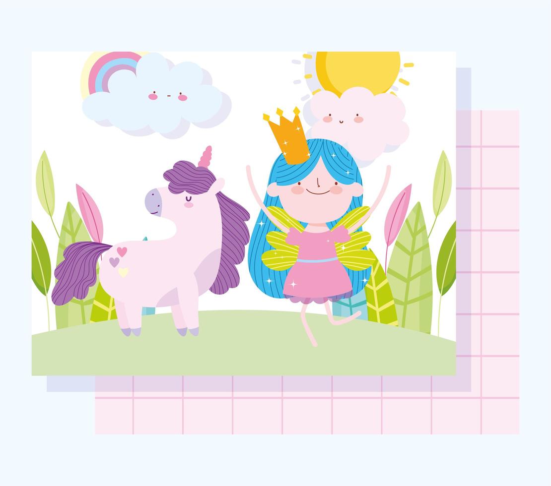 princesa de hadas con plantilla de tarjeta de unicornio vector