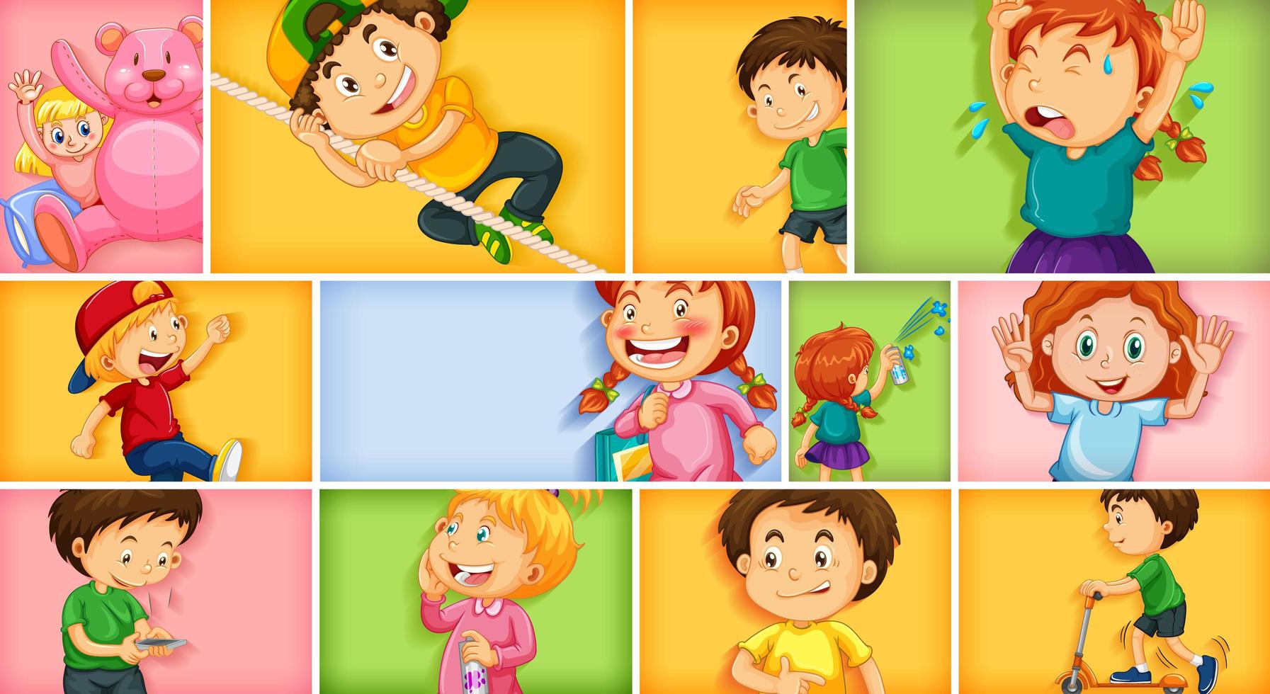 Different kids characters on different color background vector