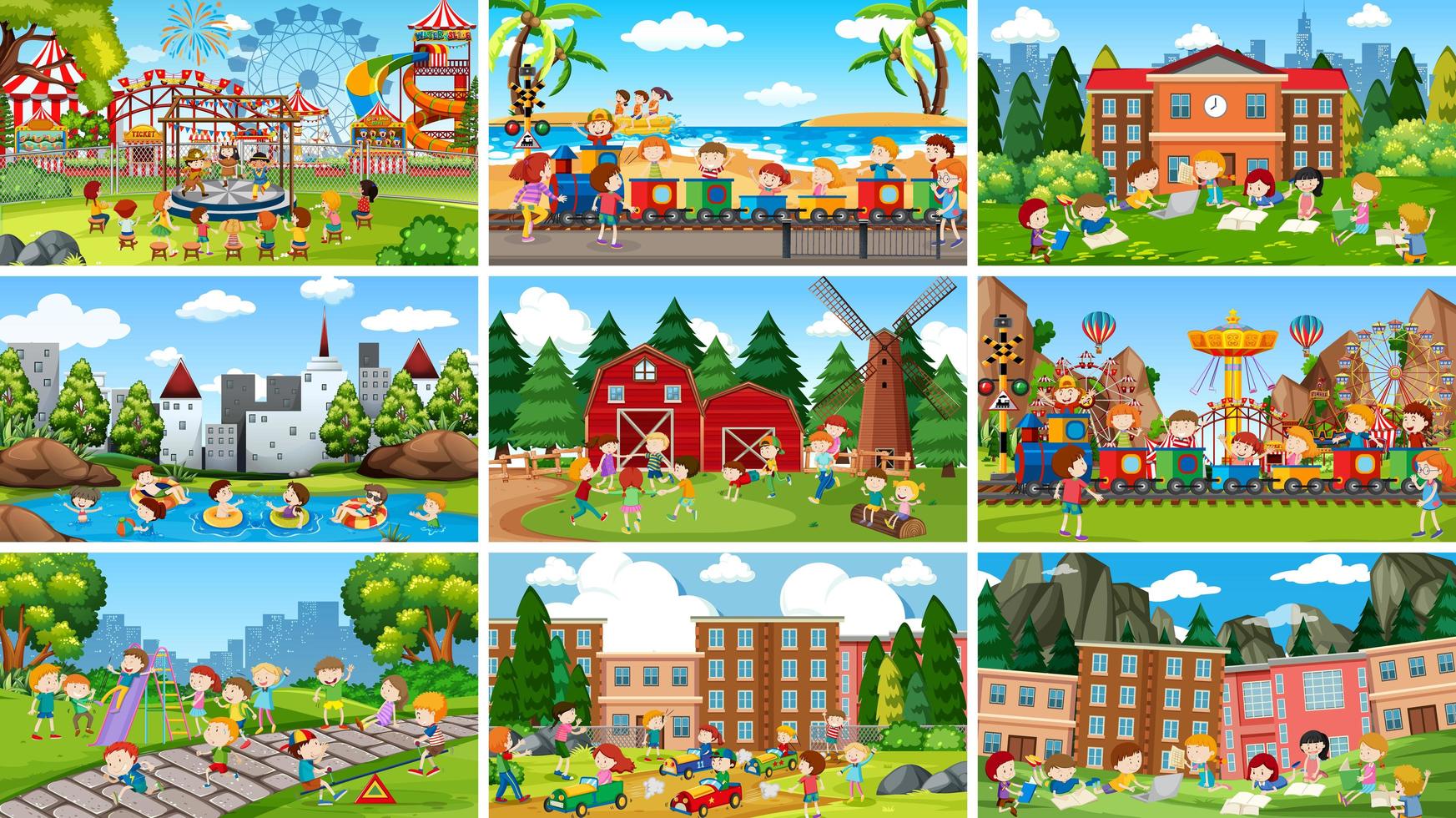 Scenes in a natural setting with kids set vector