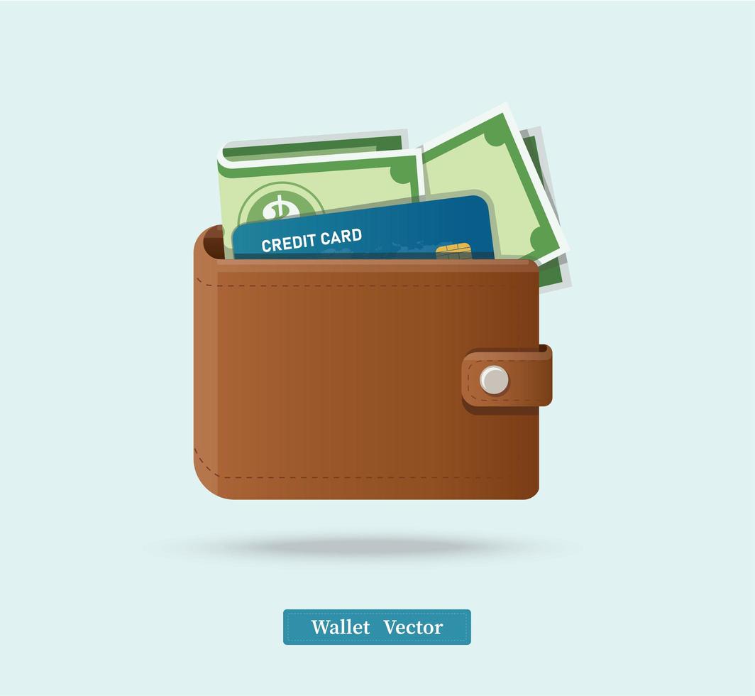 Brown wallet full of green dollars vector