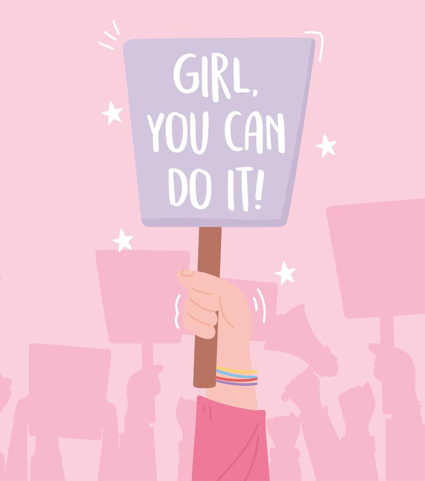 Hand holding a feminist sign in a protest vector