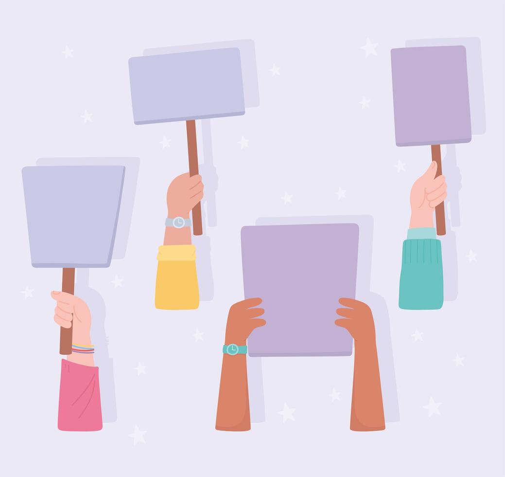 Set of hands holding protest signs vector