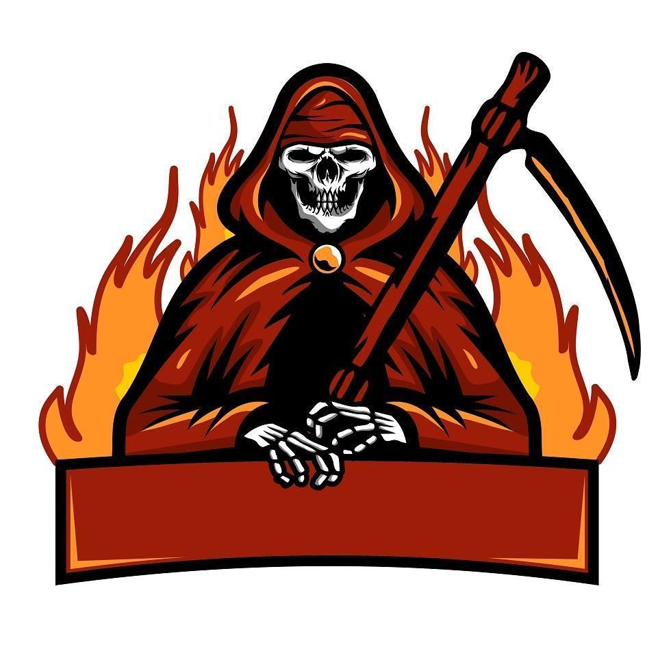 esqueleto en rojo con guadaña y mascota banner vector