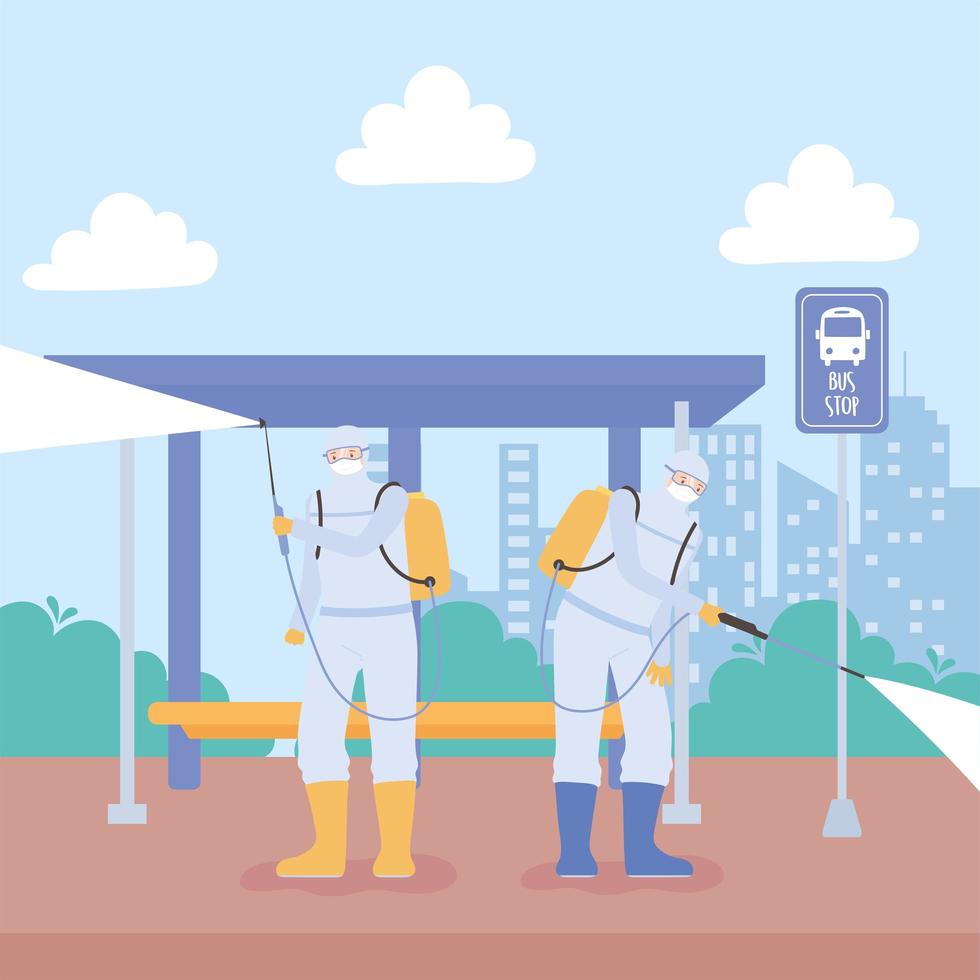 Disinfection concept with people in protective suits vector