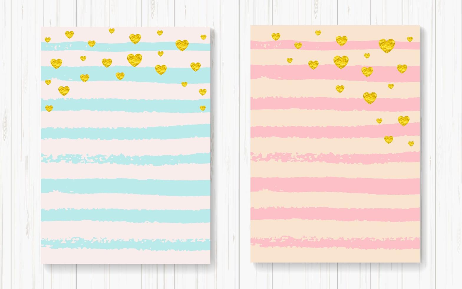Set of striped cards with gold hearts vector