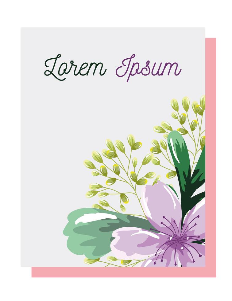 Purple flowers and leaves card vector