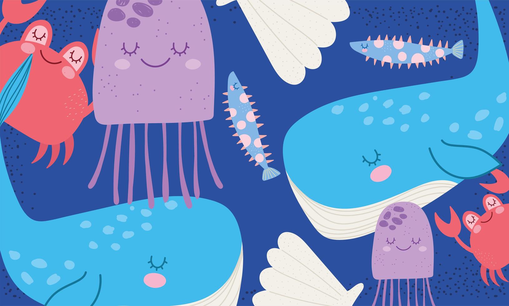 Whale, shell, crab, fish marine life scene vector