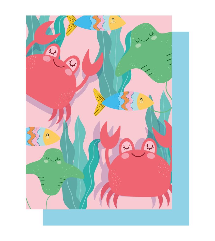 Under the sea crab, stingray, fish, algae pattern vector