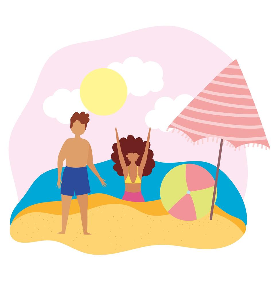 Boy and girl with ball and umbrella at beach vector