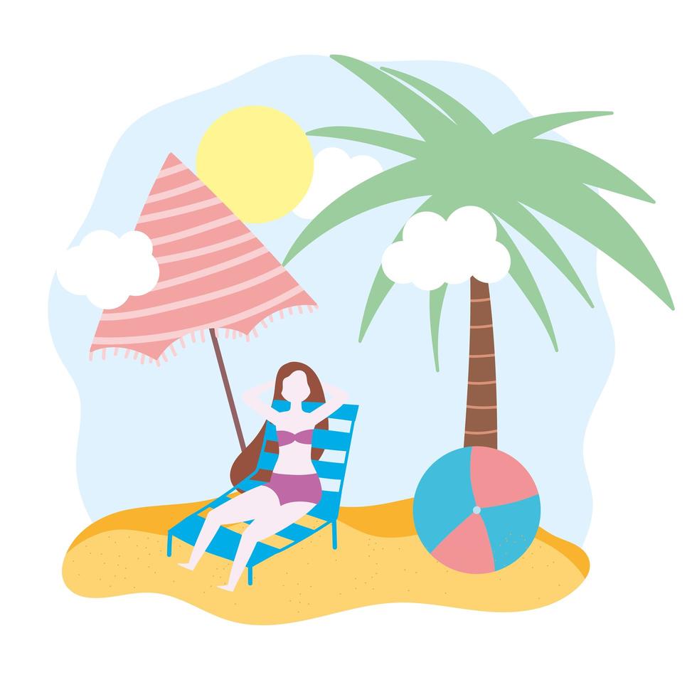 mujer en la playa, en, silla, con, paraguas, y, pelota vector