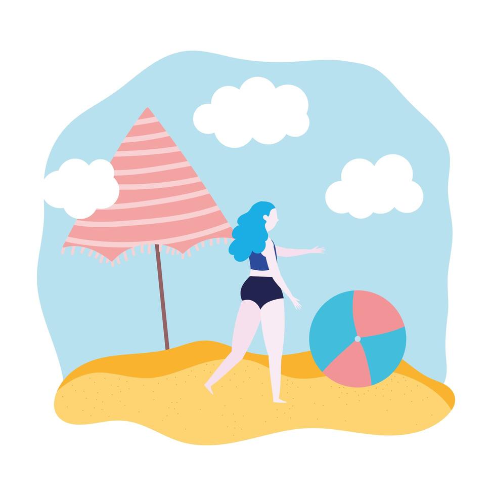 Girl with ball and umbrella at beach vector