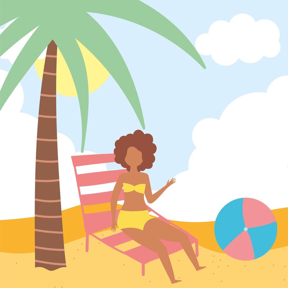 Girl on beach with deck chair and ball vector