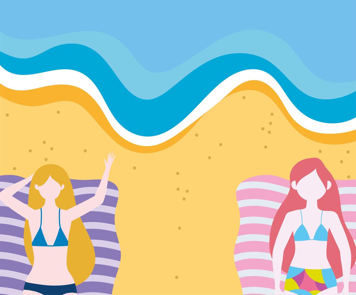 Women resting on towels in the sand vector