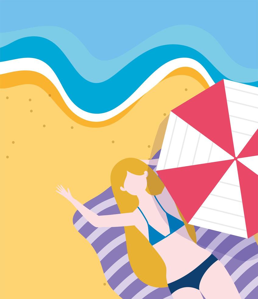 Woman on towel with umbrella at the beach vector