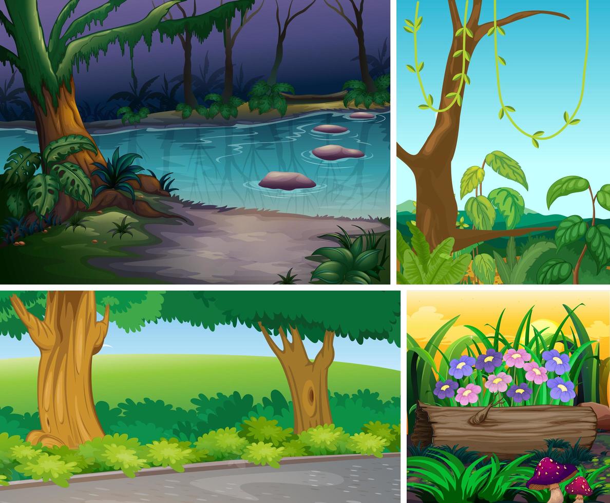 Four nature scenes of forest and swamp vector