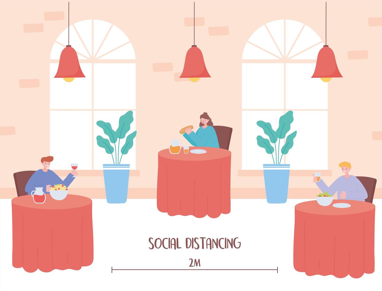 People eating, and social distancing in a restaurant vector