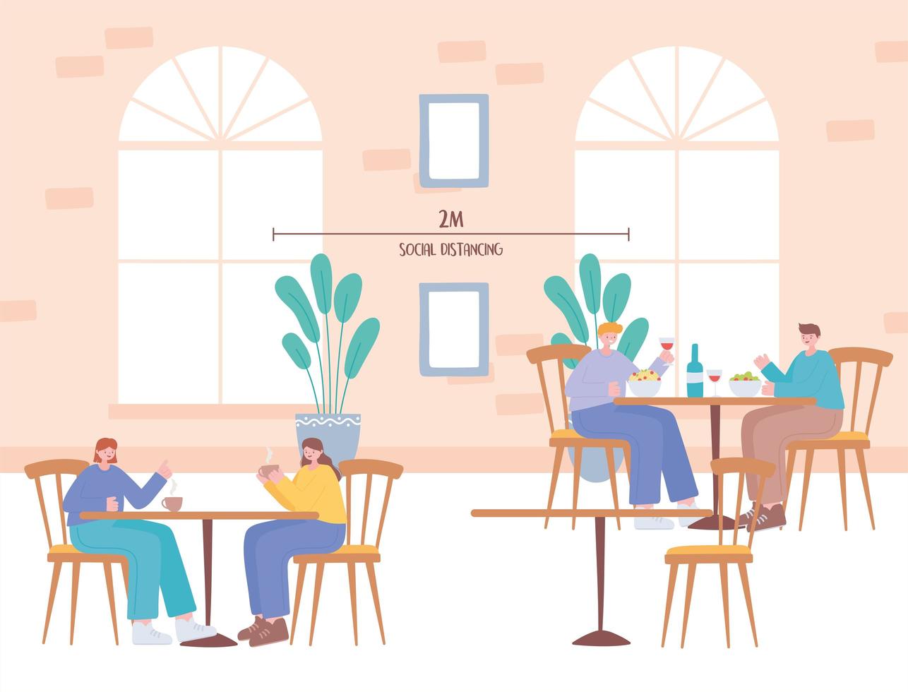 People eating, and social distancing in a restaurant vector