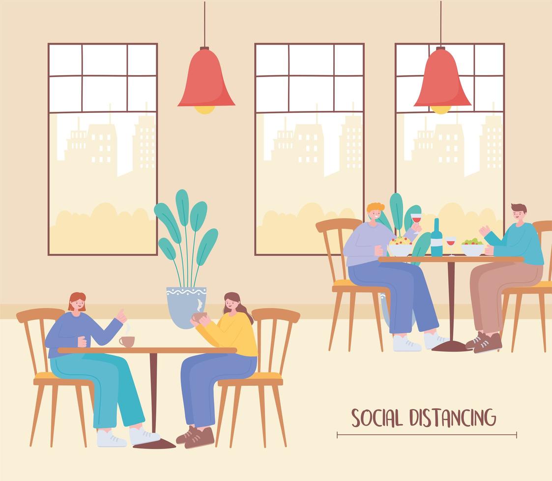 gente comiendo y distanciamiento social en un restaurante vector