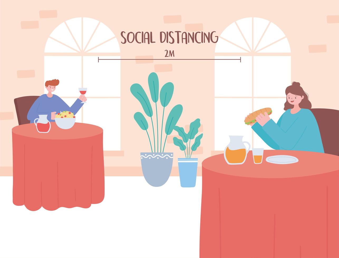 People eating, and social distancing in a restaurant vector