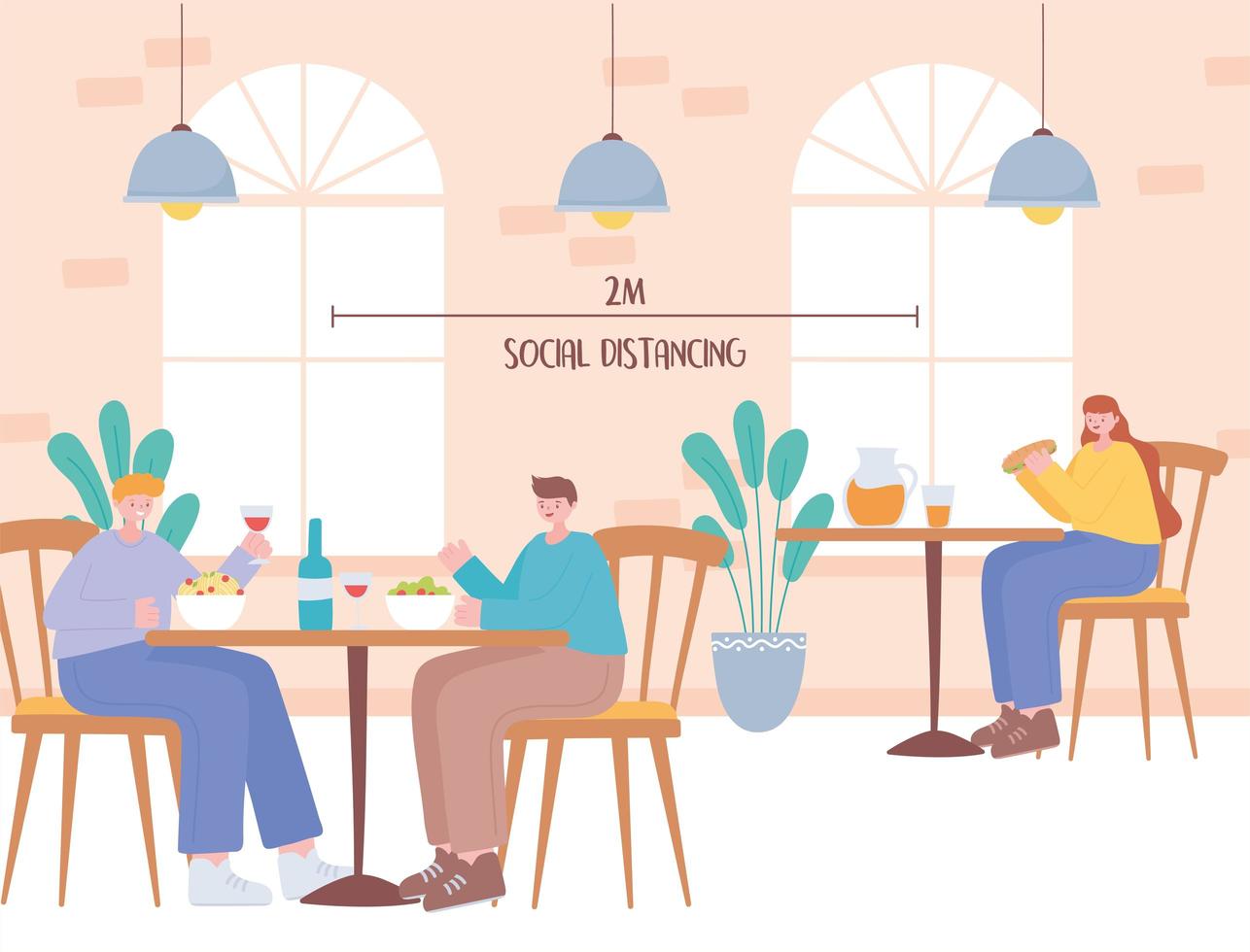 People eating, and social distancing in a restaurant vector