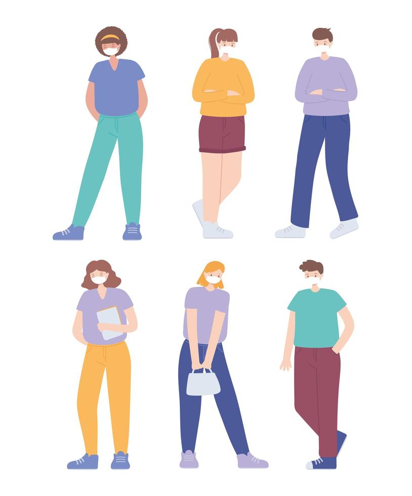 Set of people wearing face masks vector