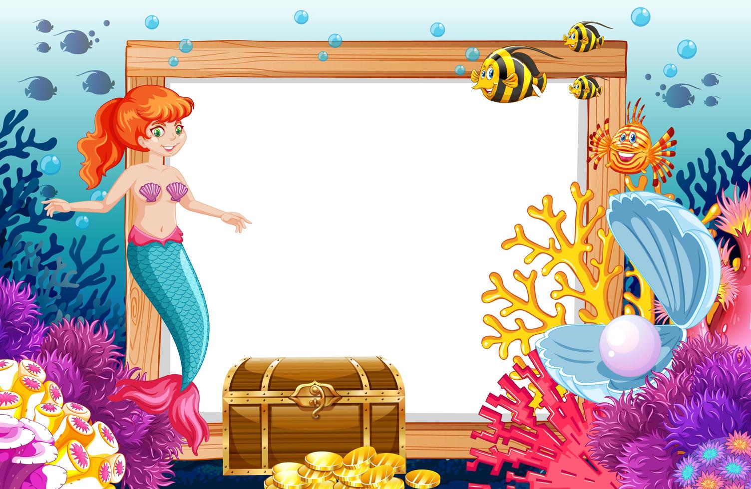 Mermaid and sea animals with blank banner  vector