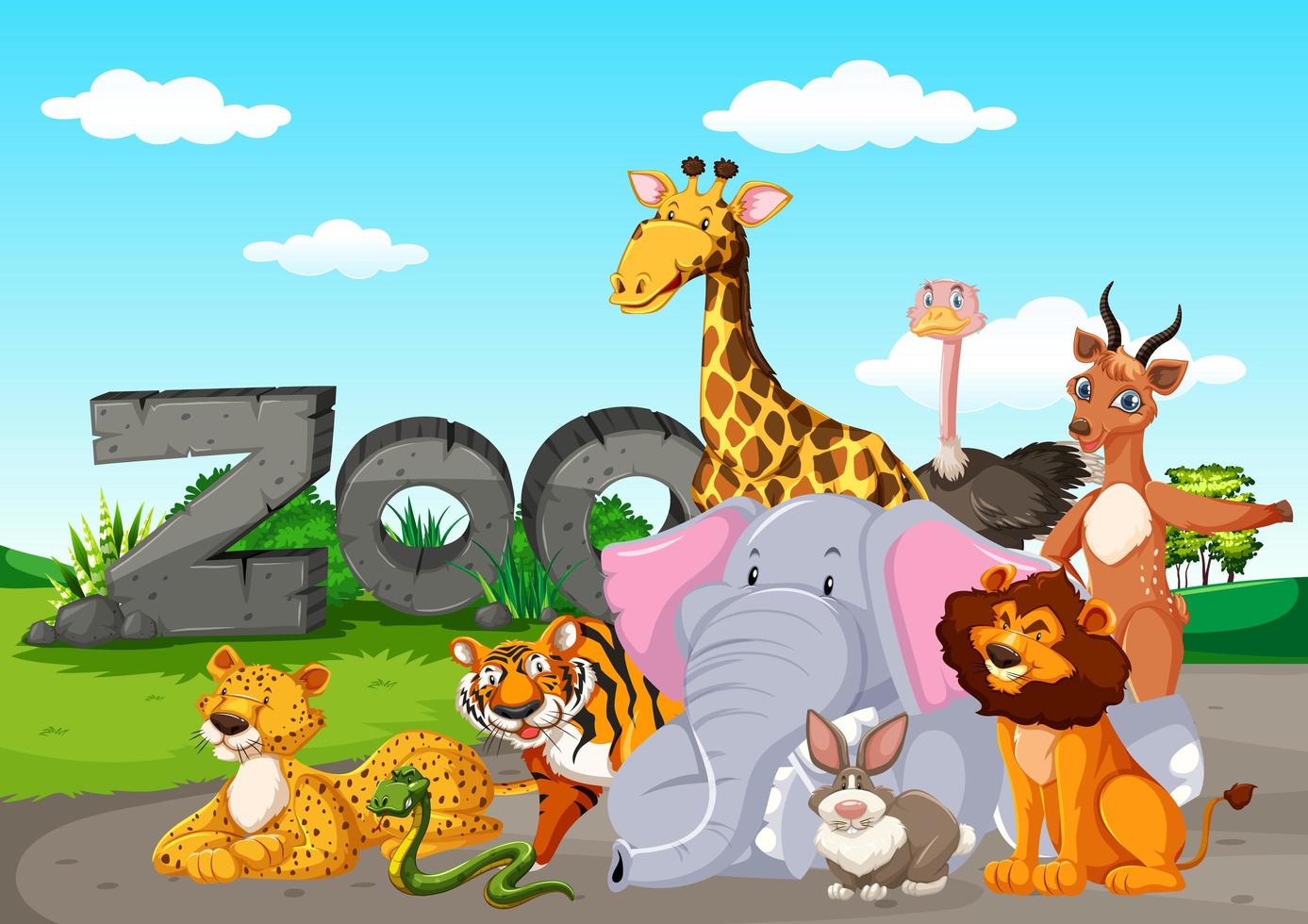 Zoo animals in wild nature background vector