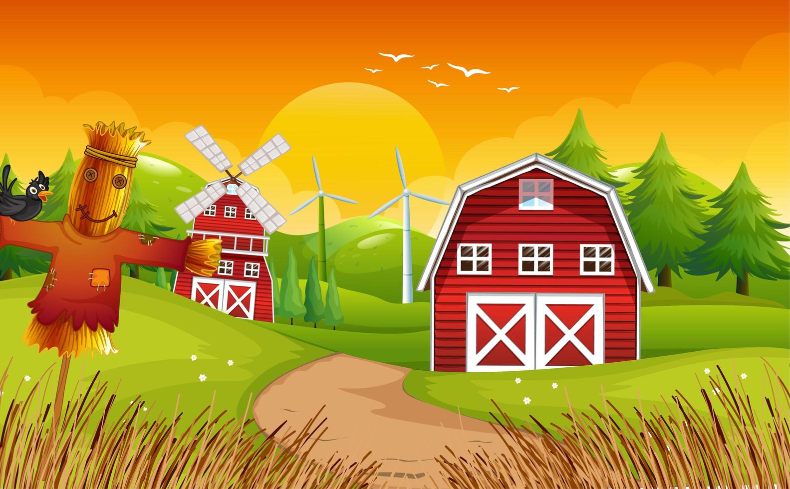Farm scene with barn and windmill vector