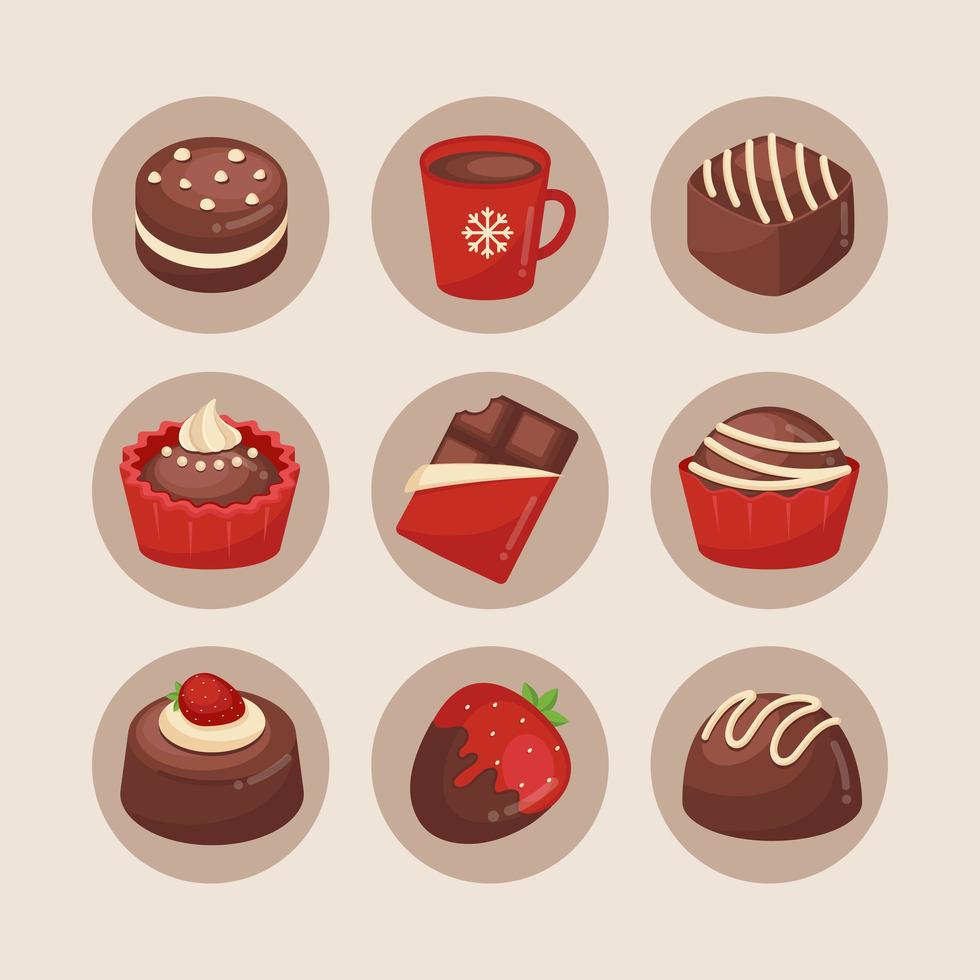 Varios tipos de postres de chocolate sobre superficie blanca pardusca vector