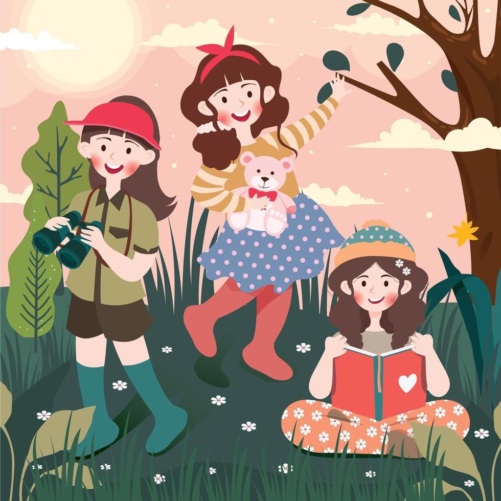 Girls Celebrating Children Day Exploring Outdoor vector